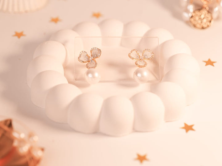 Crystal Clover Pearl Drop Earrings | Elegant Heart-Shaped Crystals & Faux Pearl | Timeless Feminine Charm