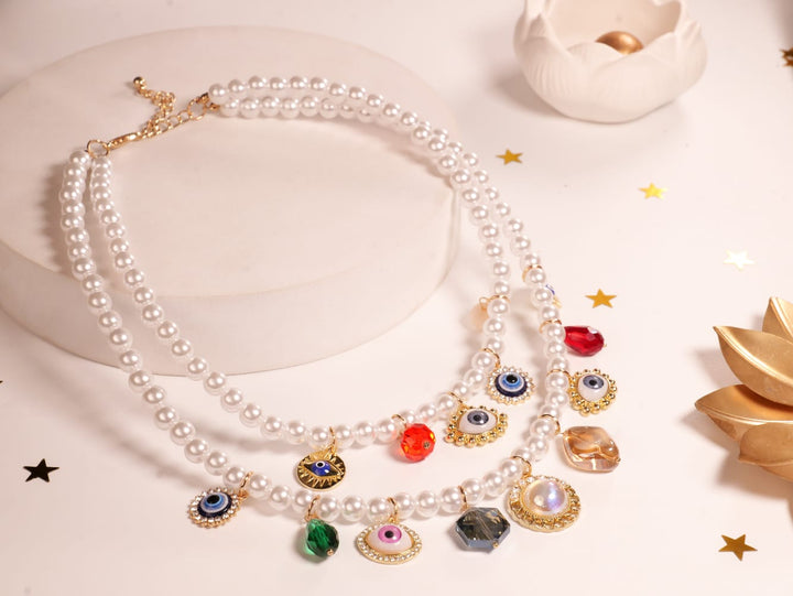 Divine Vision Double-Layered Pearl Charm Necklace | Spiritual & Colorful Enamel Charms on Faux Pearls | Boho Luxe Statement Jewelry