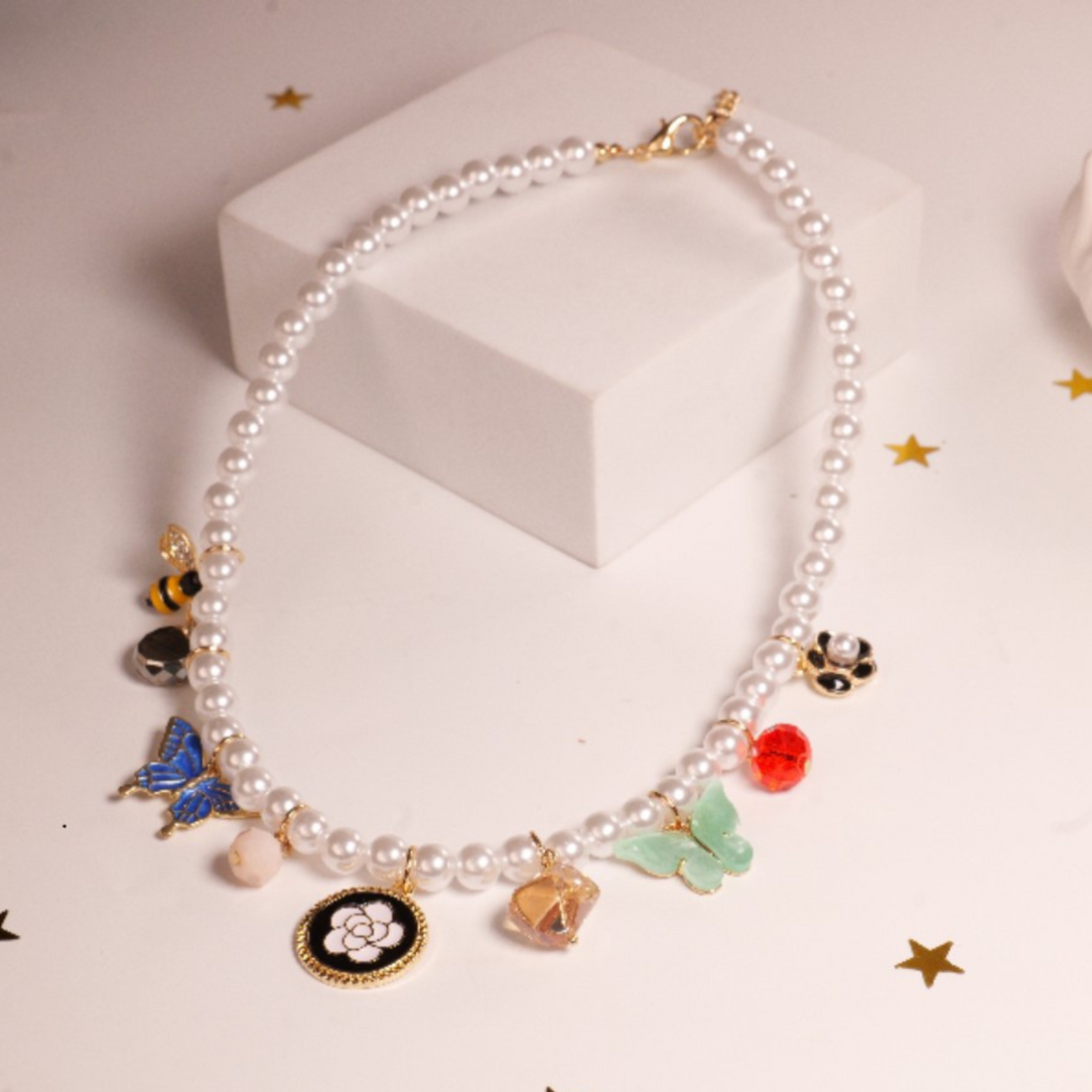 Pearl Charms Flower Necklace | Single Strand Faux Pearls with Colorful Enamel Charms | Whimsical & Feminine Statement Jewelry