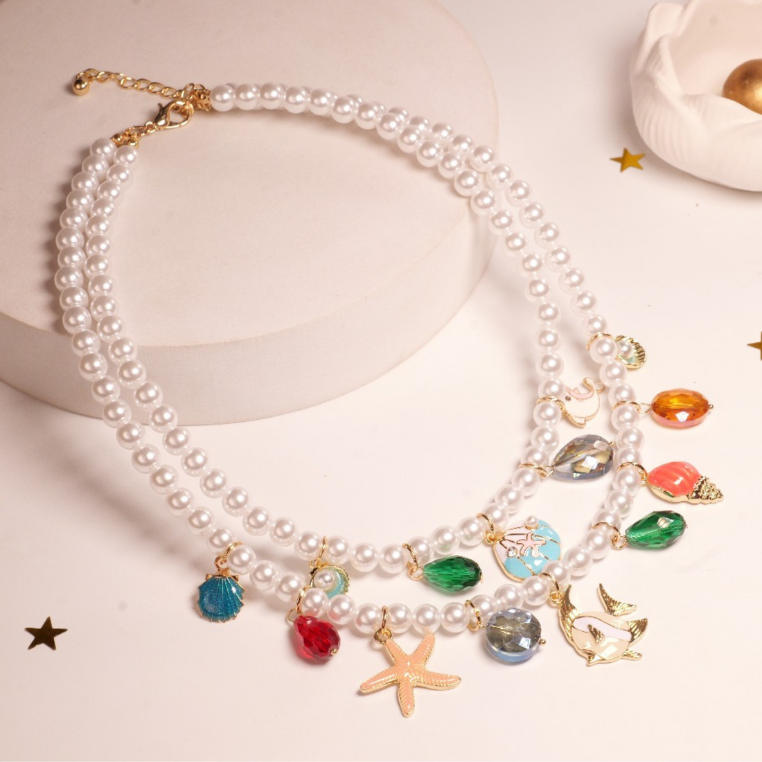 Pearl Charms Sea Creatures Necklace | Double-Layered Faux Pearls with Playful Ocean-Inspired Charms | Whimsical Statement Jewelry
