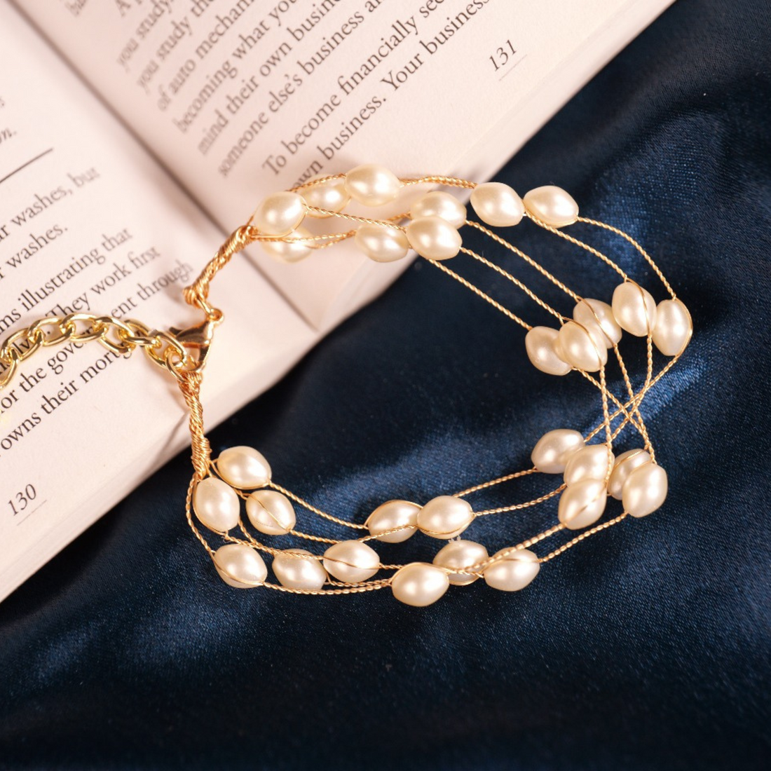 Elegant Gold-Tone Multi-Strand Pearl Charm Bracelet
