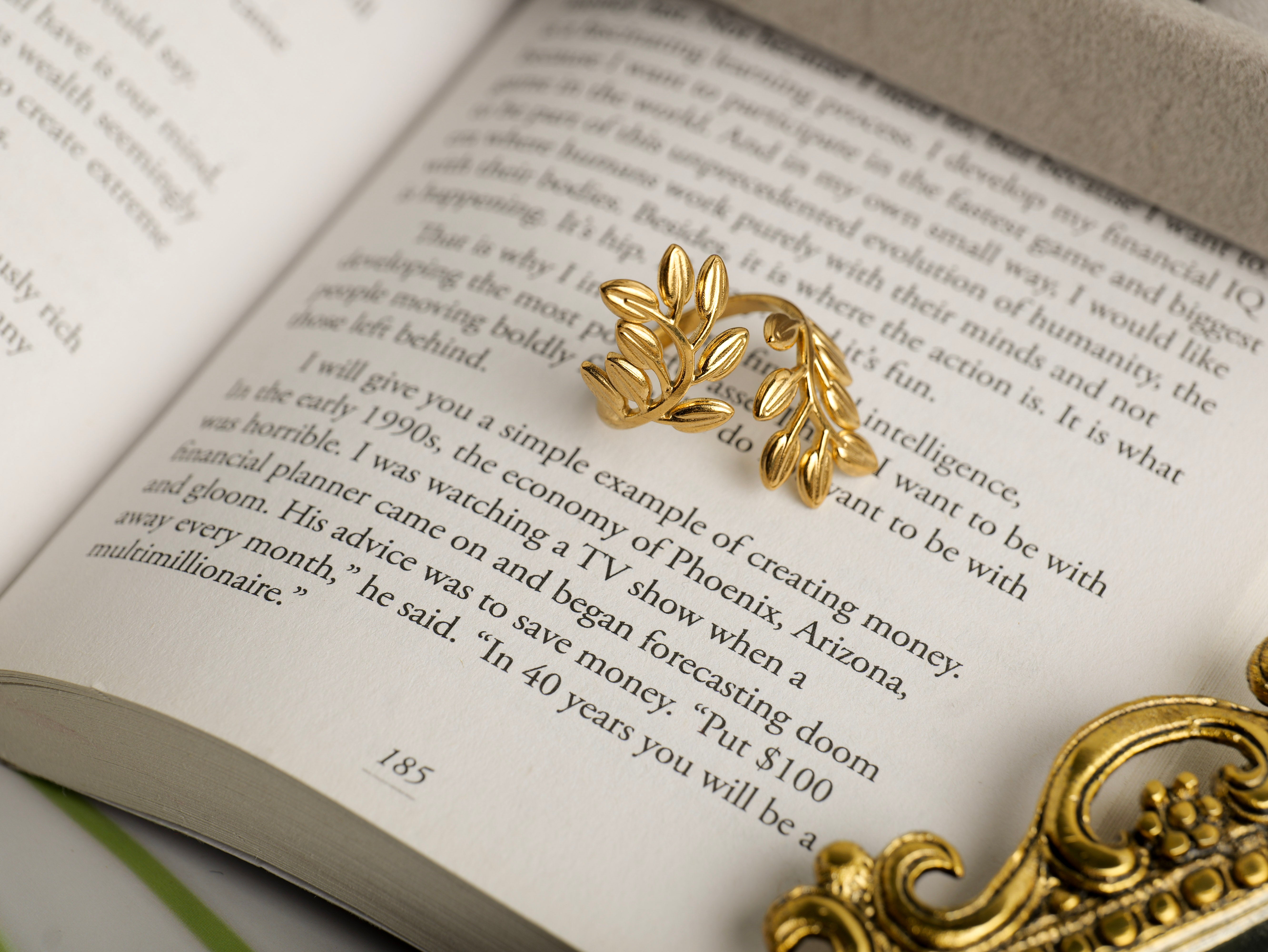 Gold Plated Leaf Adjustable Ring | Anti-Tarnish Stainless Steel Finger Ring for Women