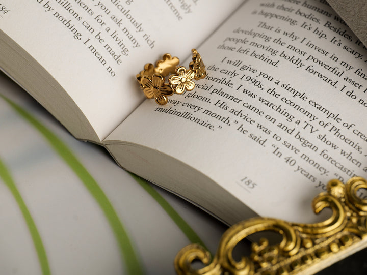 Gold Plated Flower Ring | Anti-Tarnish Adjustable Stainless Steel Ring for Women & Girls