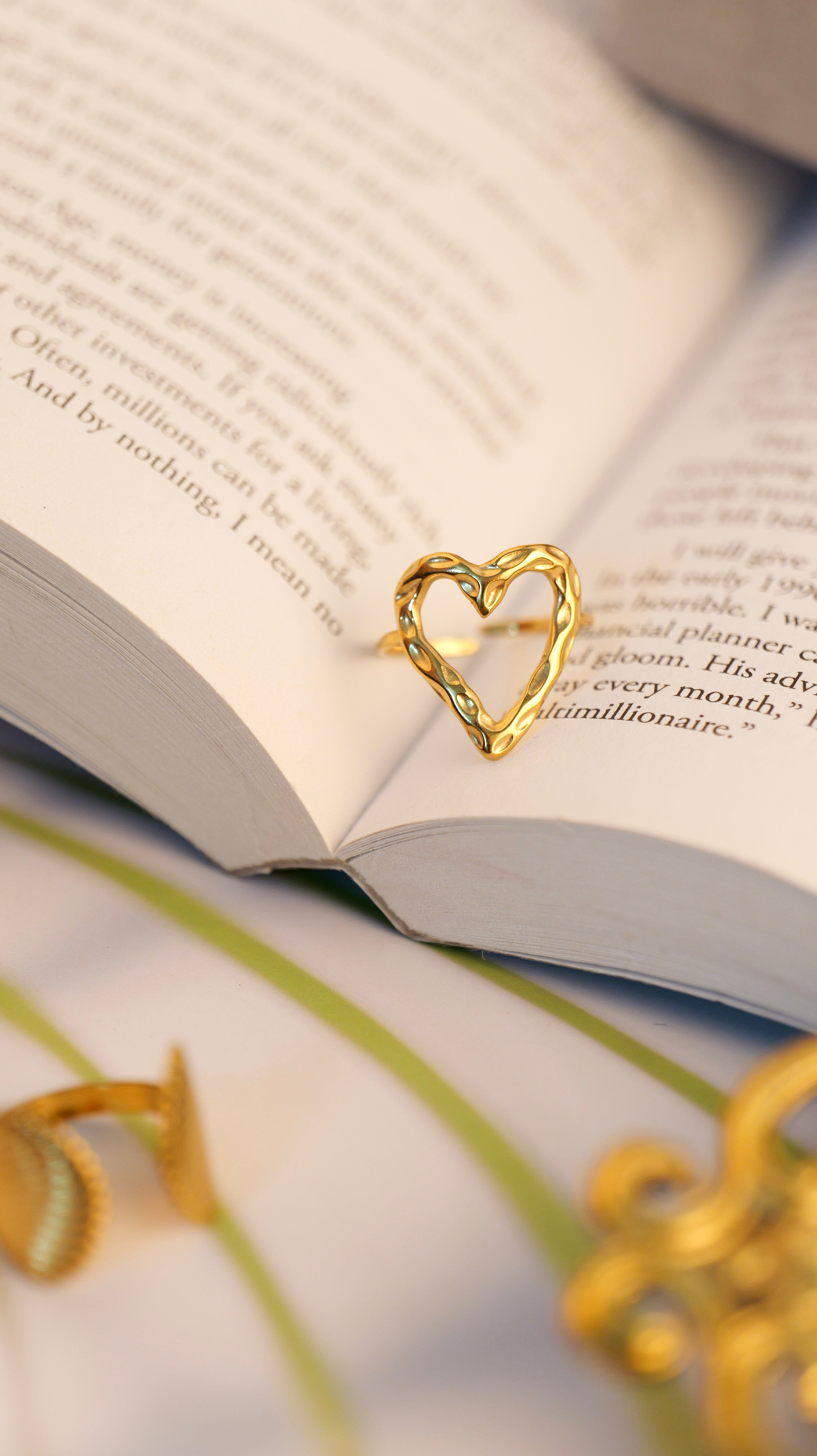 Gold Plated Heart Ring | Adjustable Anti-Tarnish Stainless Steel Finger Ring for Women & Girls