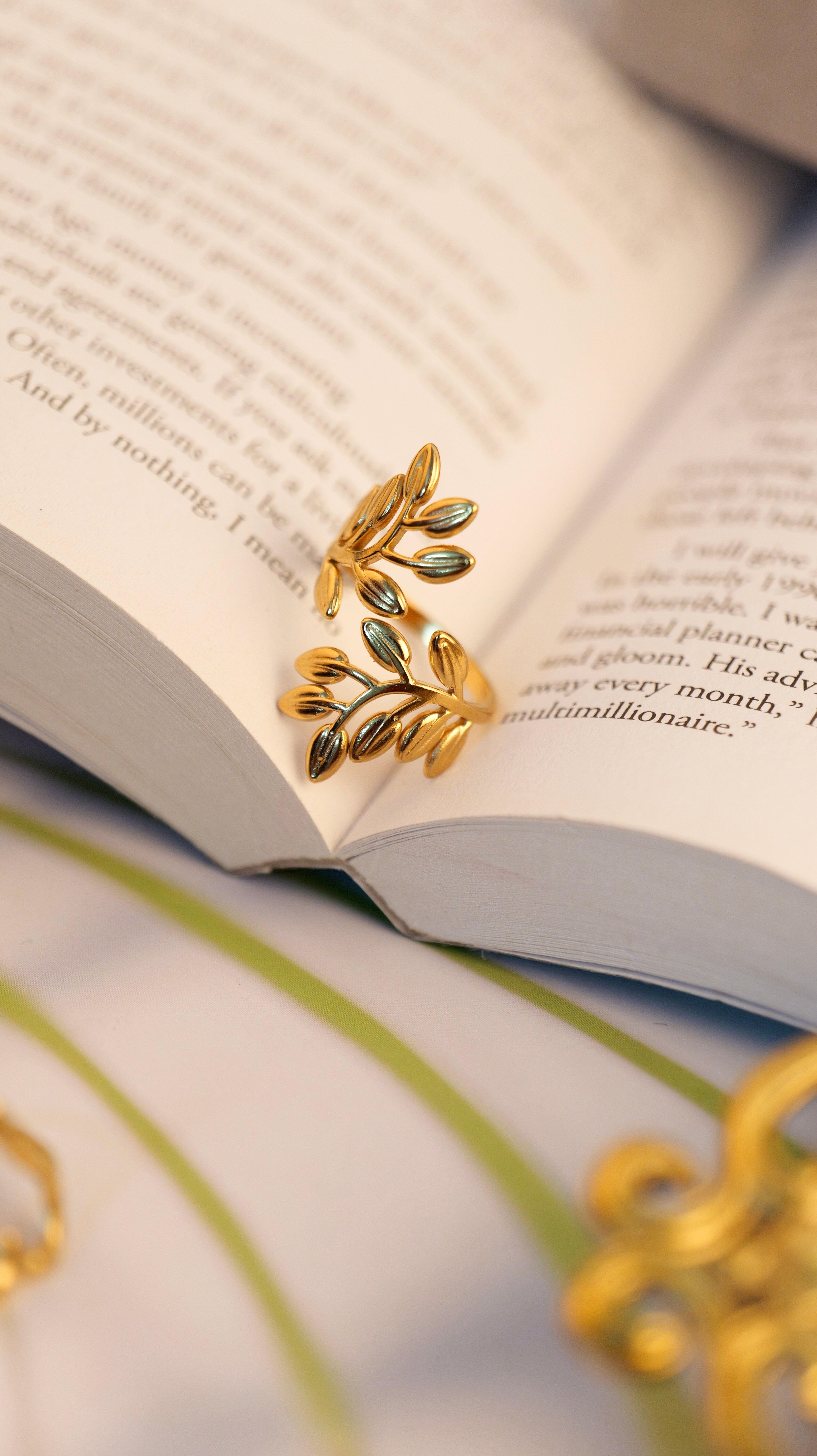 Gold Plated Leaf Adjustable Ring | Anti-Tarnish Stainless Steel Finger Ring for Women