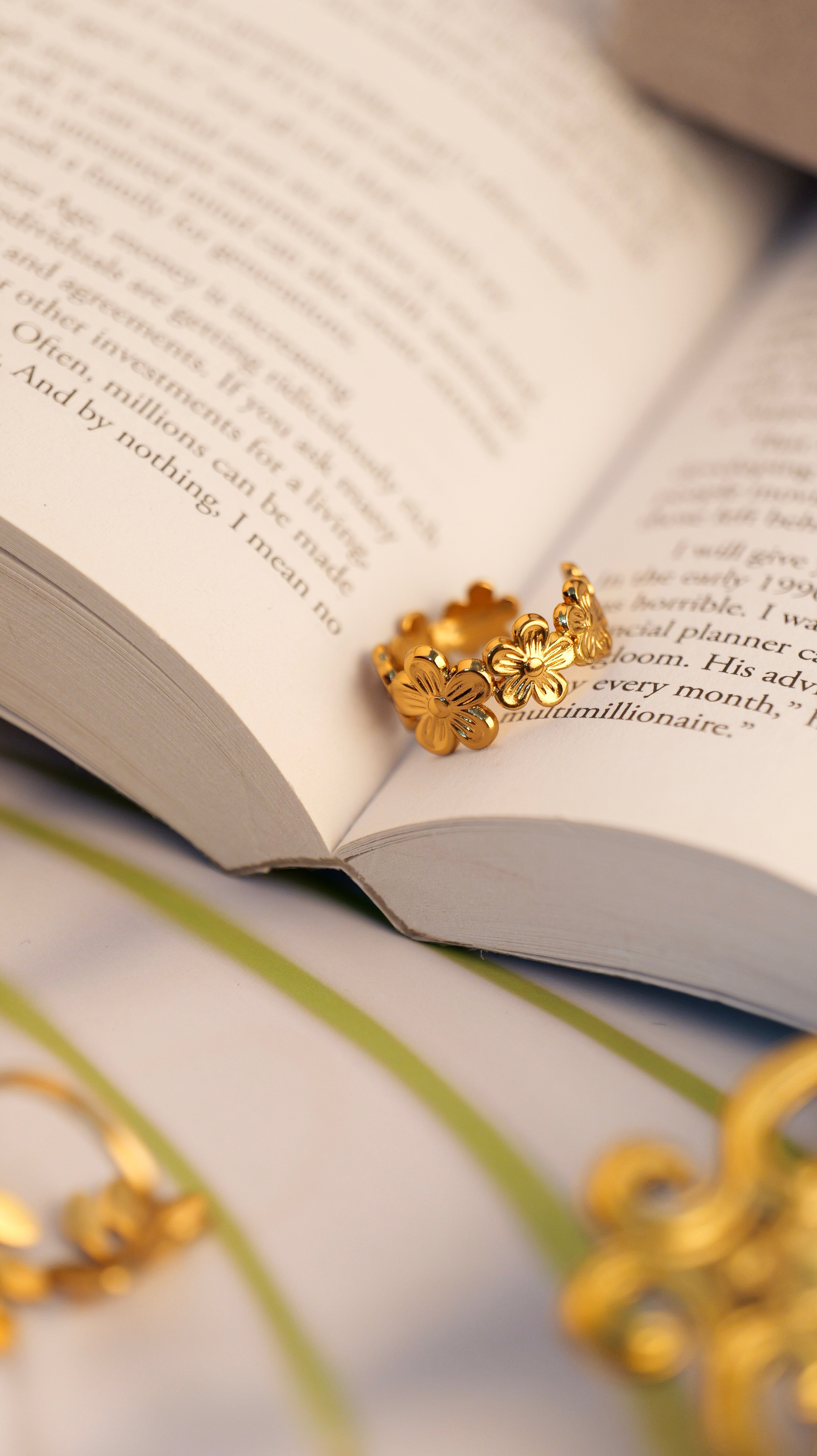 Gold Plated Flower Ring | Anti-Tarnish Adjustable Stainless Steel Ring for Women & Girls