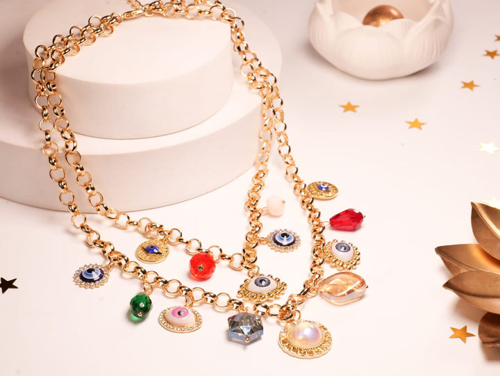 Celestial Eye & Gem Double-Layered Necklace | Gold-Tone Chain with Evil Eye Charms, Crystal Teardrops & Moon Medallions