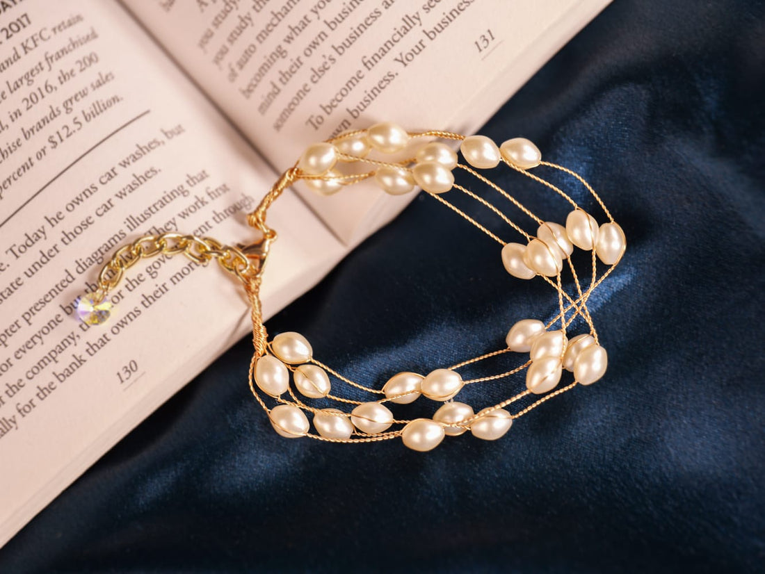 Pearl with Strings Bracelet – Gold Thread & Ivory Oval Pearls