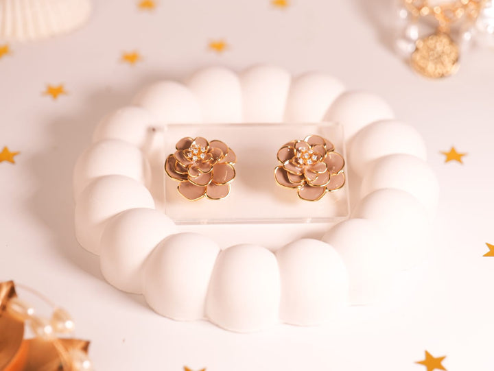 Enamel Blossom Stud Earrings | Pink Petals with Gold Trim & Cubic Zirconia Center | Romantic Floral Design