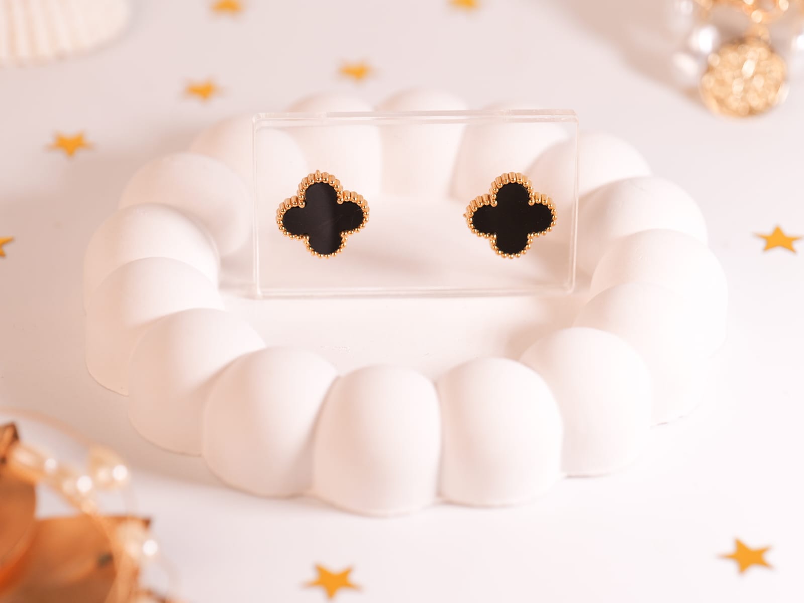 Enamel Clover Stud Earrings | Black, Green & Purple Malachite Style with Gold Beaded Trim | Elegant Pop of Color