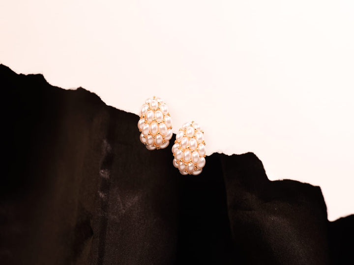 Clustered Oval Pearl Earrings | Ivory-Toned Pearls with Gold Detailing | Vintage Charm with Modern Elegance