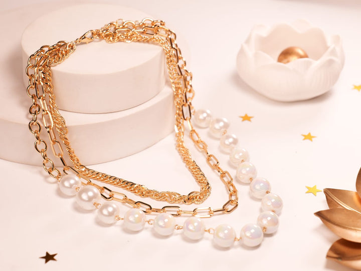Luxe Layered Pearl & Chain Necklace | Statement Multi-Strand Design in Radiant Gold Tones