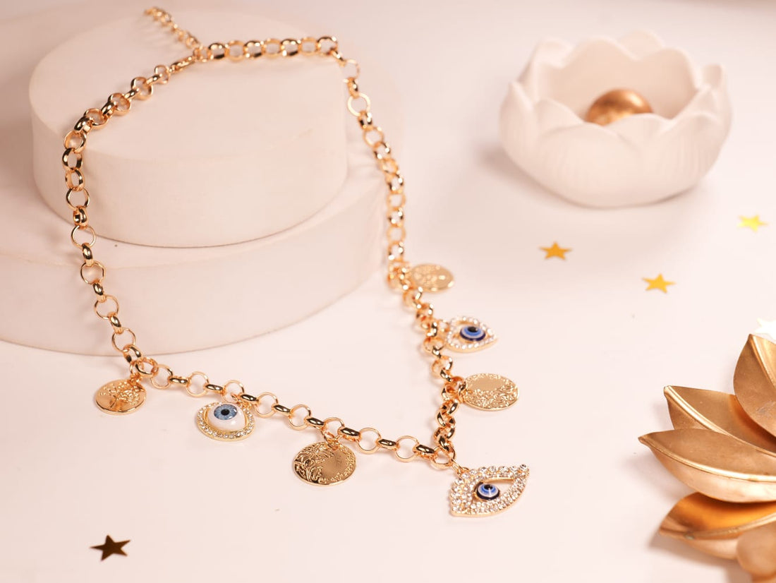 Mystic Evil Eye Charm Necklace | Gold-Tone Layered Necklace with Blue Enamel & Crystal Evil Eye & Coin Medallion Charms