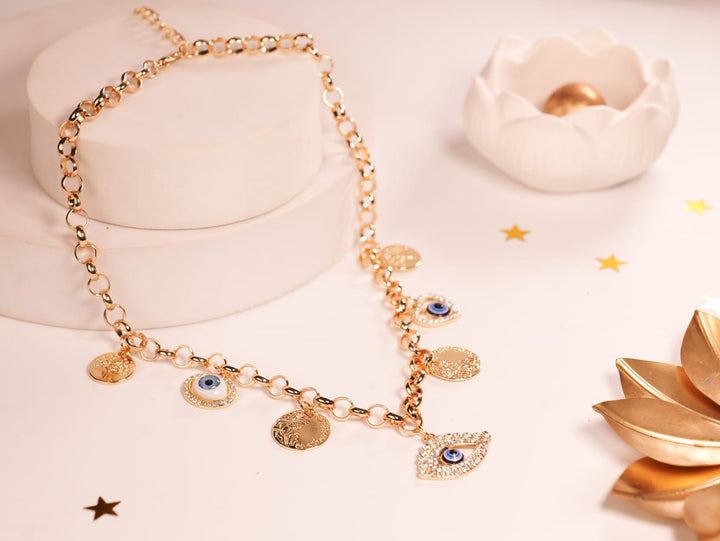 Mystic Evil Eye Charm Necklace | Gold-Tone Layered Necklace with Blue Enamel & Crystal Evil Eye & Coin Medallion Charms