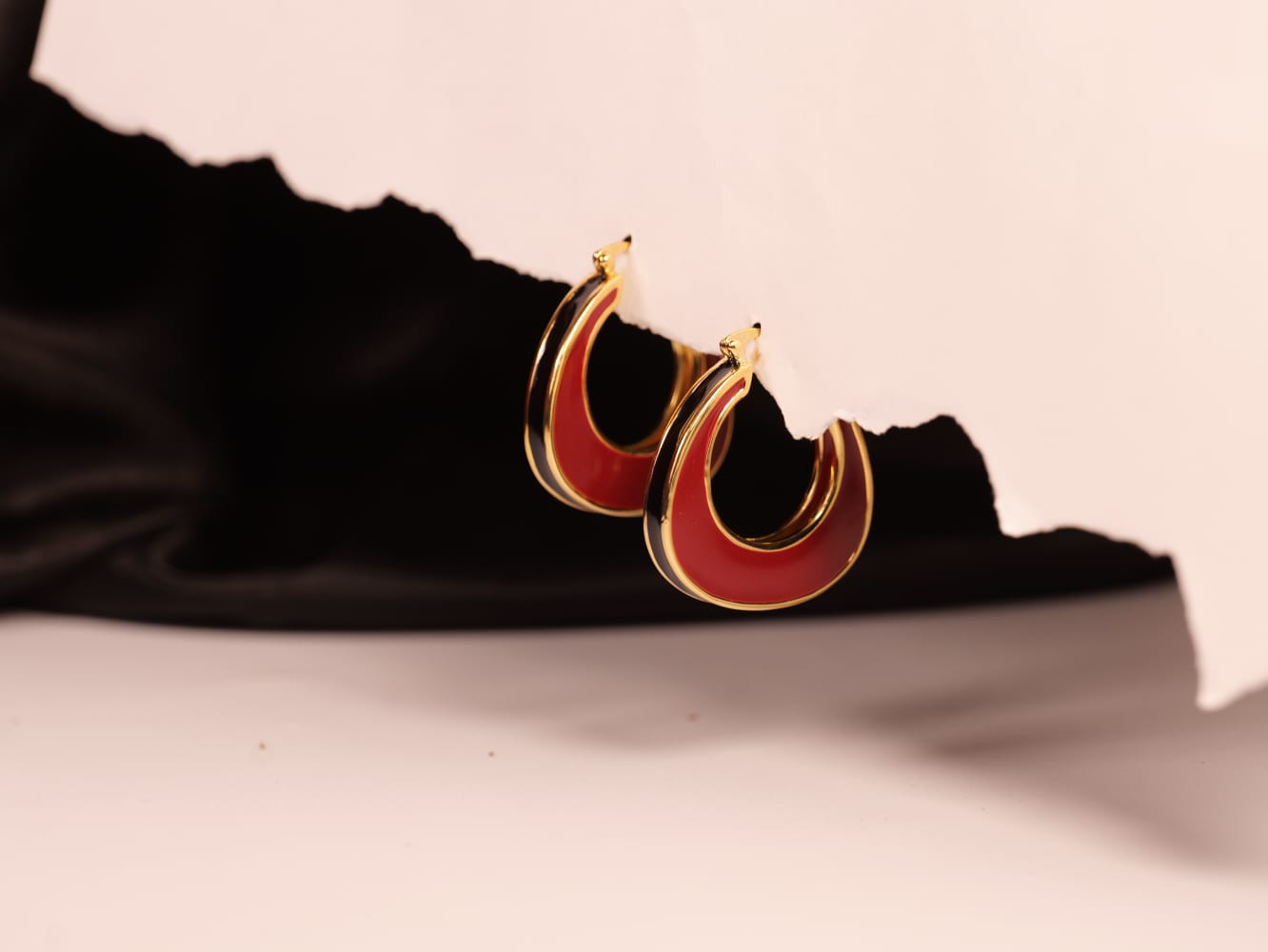 Bold Red, White & Black Enamel Teardrop Hoop Earrings | Gold Trim | Chic Statement Jewelry