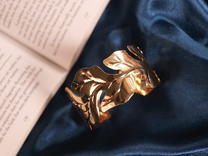 Gold Leaf Vine Statement Cuff Bracelet – Nature-Inspired Adjustable Bold Jewelry