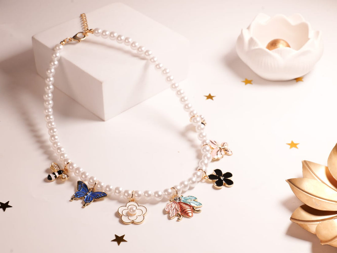 Garden Bloom Pearl Charm Necklace | Faux Pearls with Colorful Enamel Butterfly, Bee & Flower Charms | Whimsical Spring & Summer Jewelry
