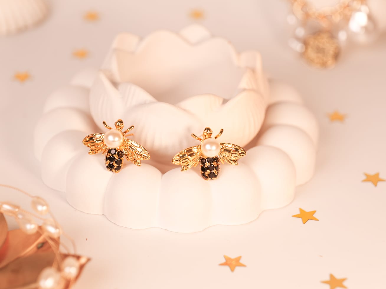 Elegant Bee Pearl Earrings | Gold-Tone Wings with Black & Gold Stones | Whimsical Luxury Design