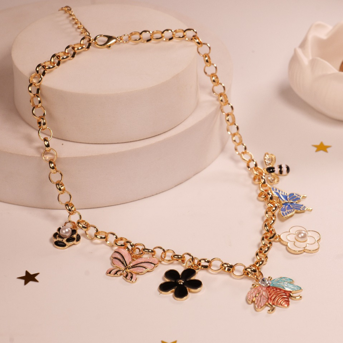 Garden Charms Necklace | Gold-Tone Chain with Enamel Butterfly, Flower, Bee & Ladybug Charms | Whimsical & Playful Statement Jewelry