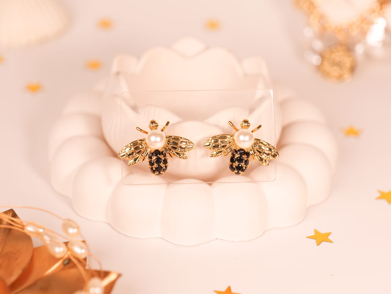 Elegant Bee Pearl Earrings | Gold-Tone Wings with Black & Gold Stones | Whimsical Luxury Design