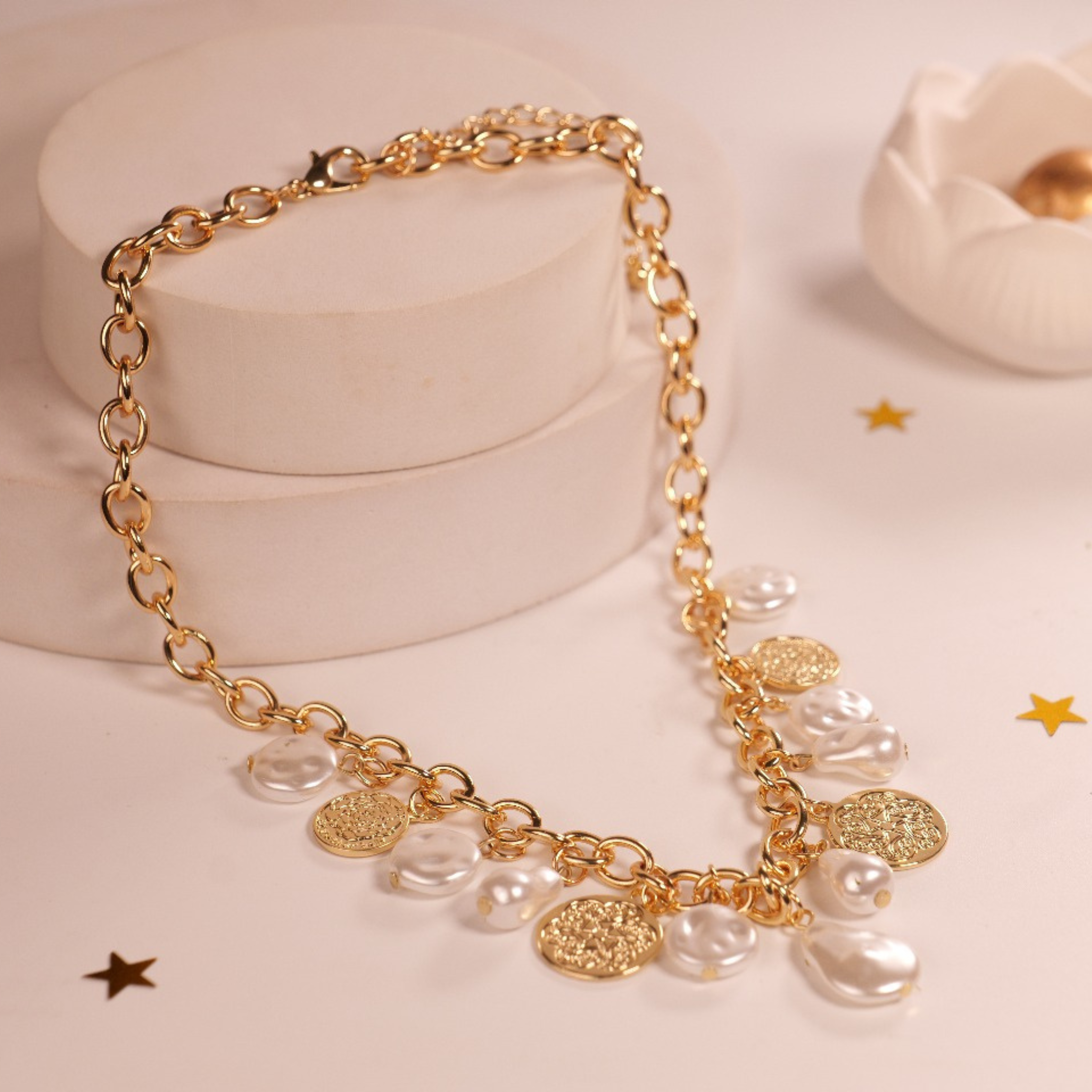 Baroque Pearls Necklace | Bold Gold Chain with Textured Medallions & Faux Baroque Pearls | Classic Meets Modern Elegance