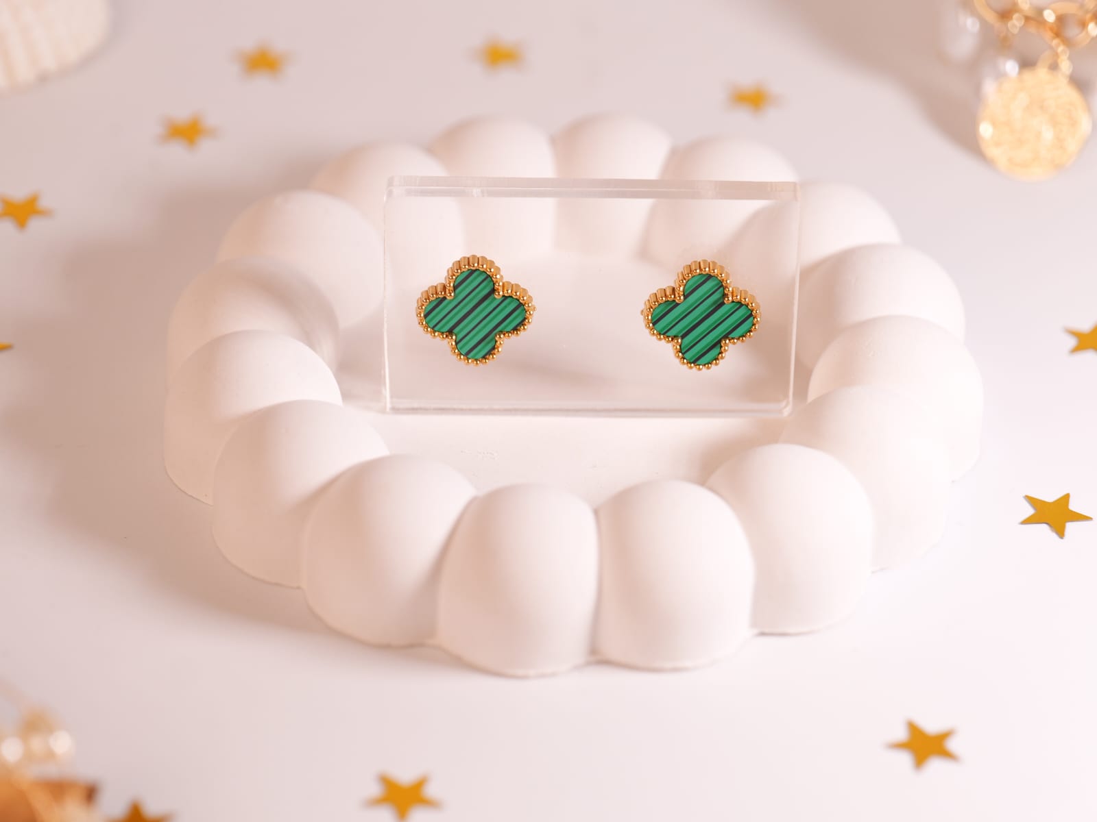 Enamel Clover Stud Earrings | Black, Green & Purple Malachite Style with Gold Beaded Trim | Elegant Pop of Color