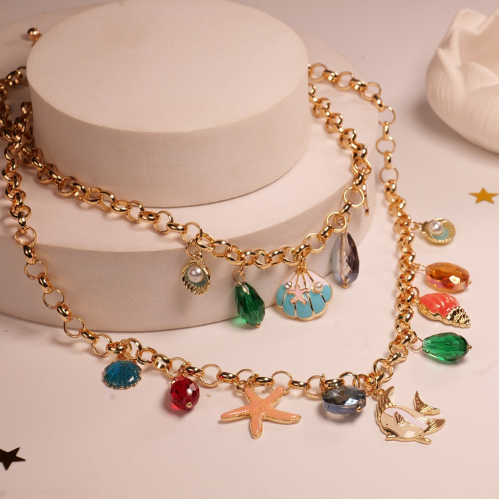 Double Layered Sea Charm Necklace | Chunky Gold Chain with Starfish, Shell & Enamel Fish Charms | Ocean-Inspired Statement Jewelry