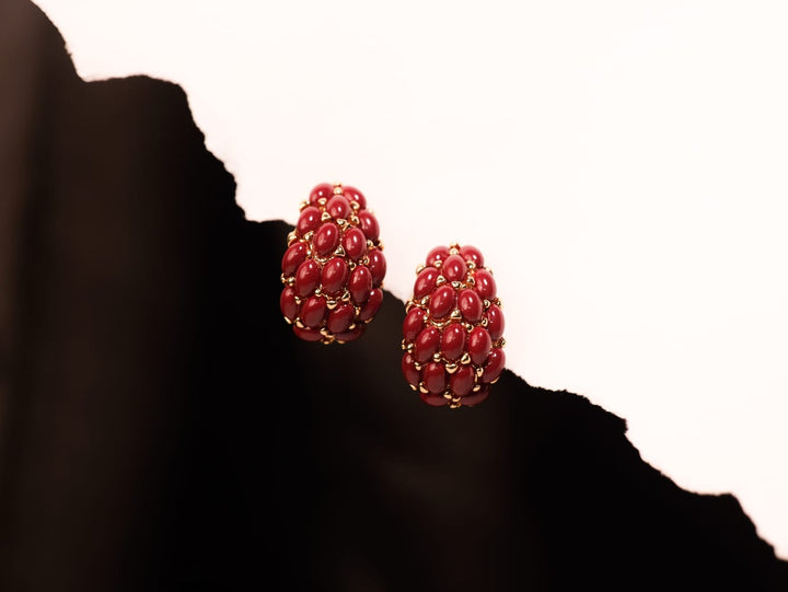 Bold Ruby Cluster Stud Earrings | Red Oval Beads in Gold Prongs | Luxurious Statement Jewelry