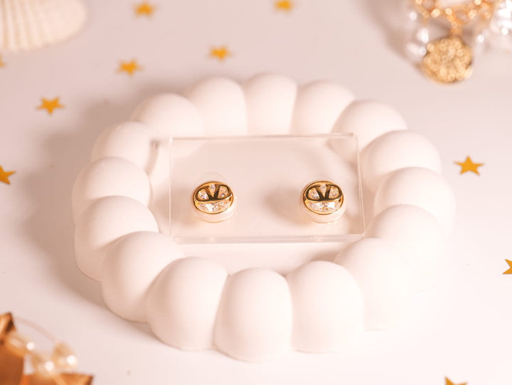 Valentino-Inspired Gold Stud Earrings | Cutout V Logo with AD Stones | Bold Yet Minimalistic Design
