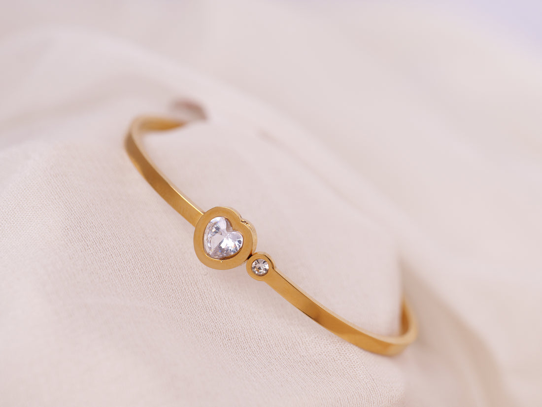 Gold Crystal Accent Cuff Bracelet – Sleek Minimalist Bangle with Dual Sparkling Stones