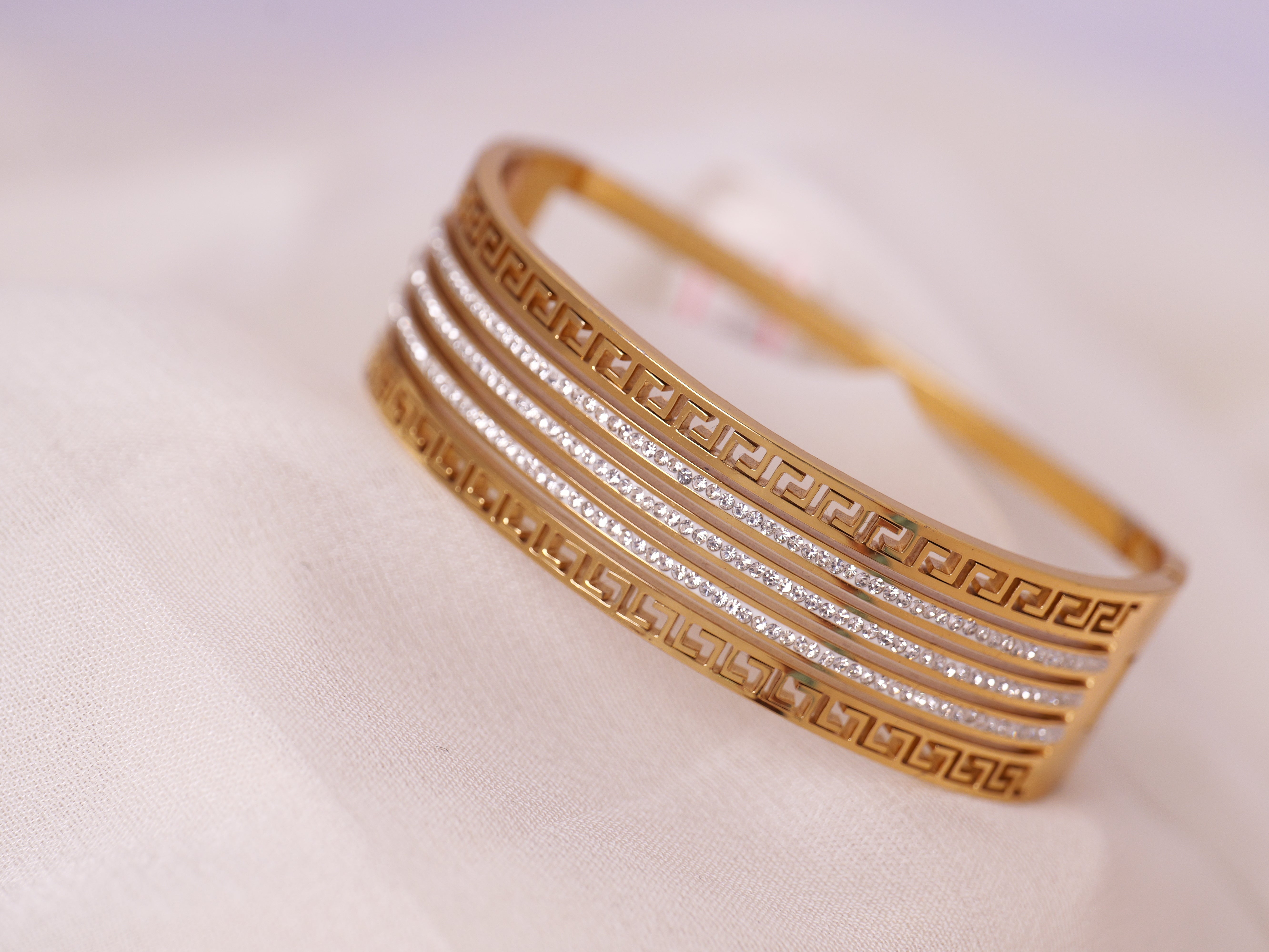 Greek Pattern Gold Bangle with Crystal Detailing