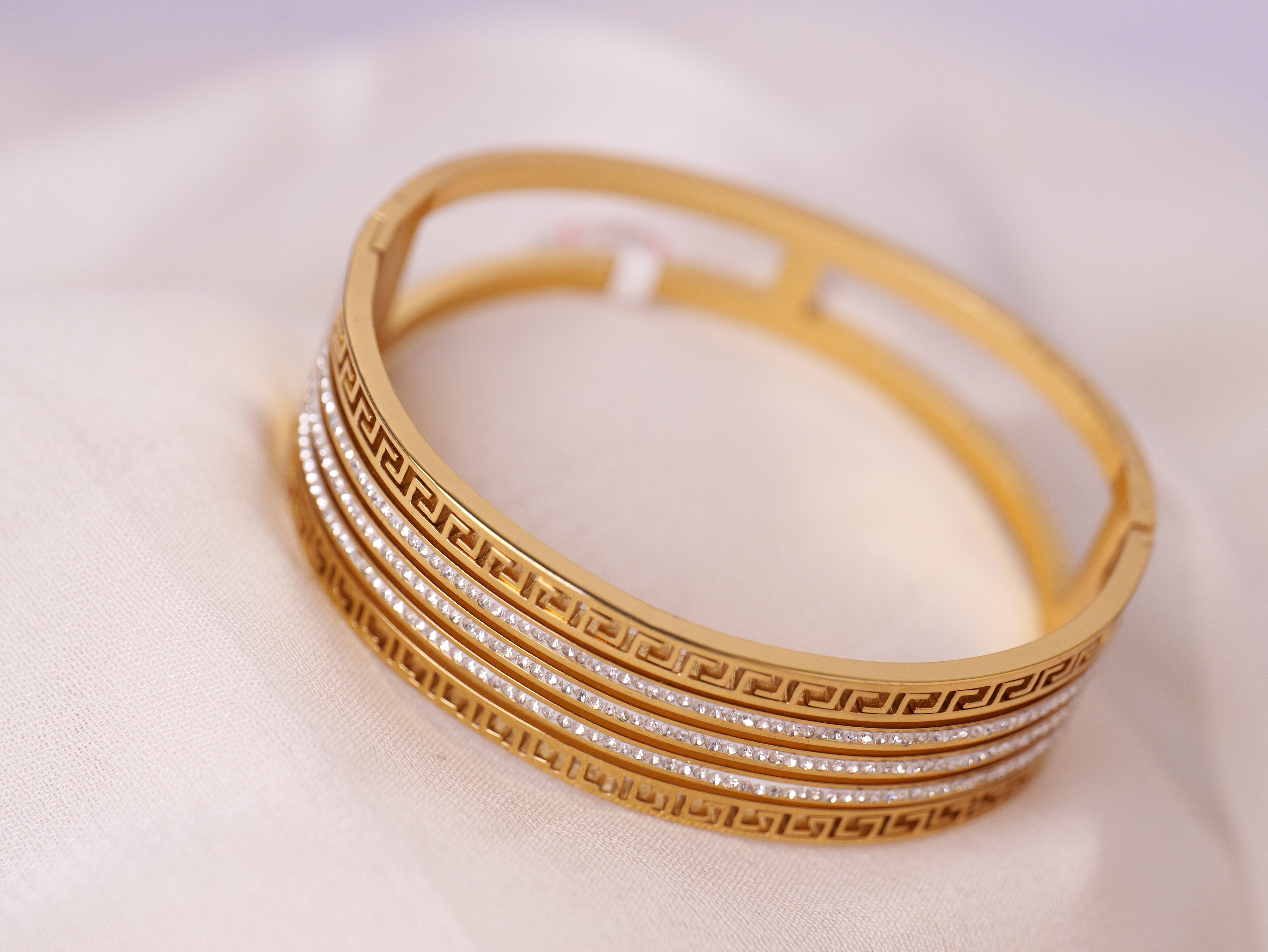 Greek Pattern Gold Bangle with Crystal Detailing