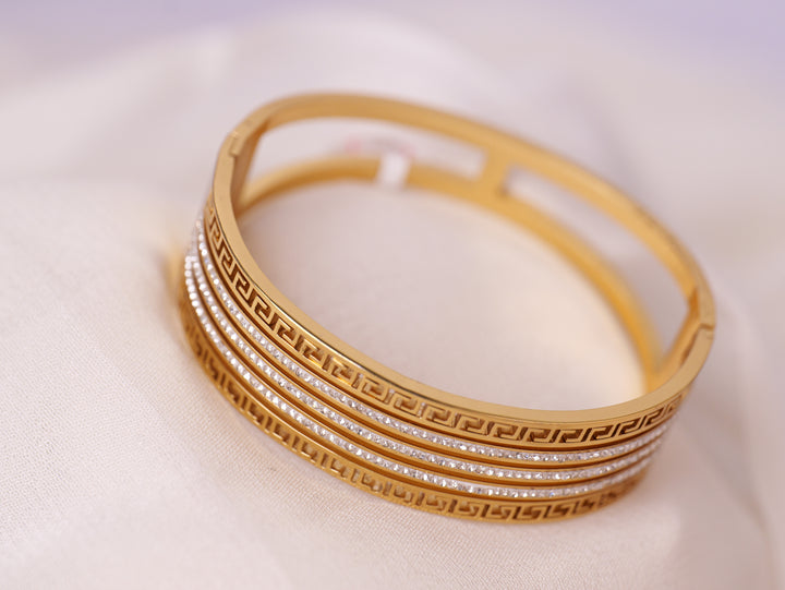 Greek Pattern Gold Bangle with Crystal Detailing