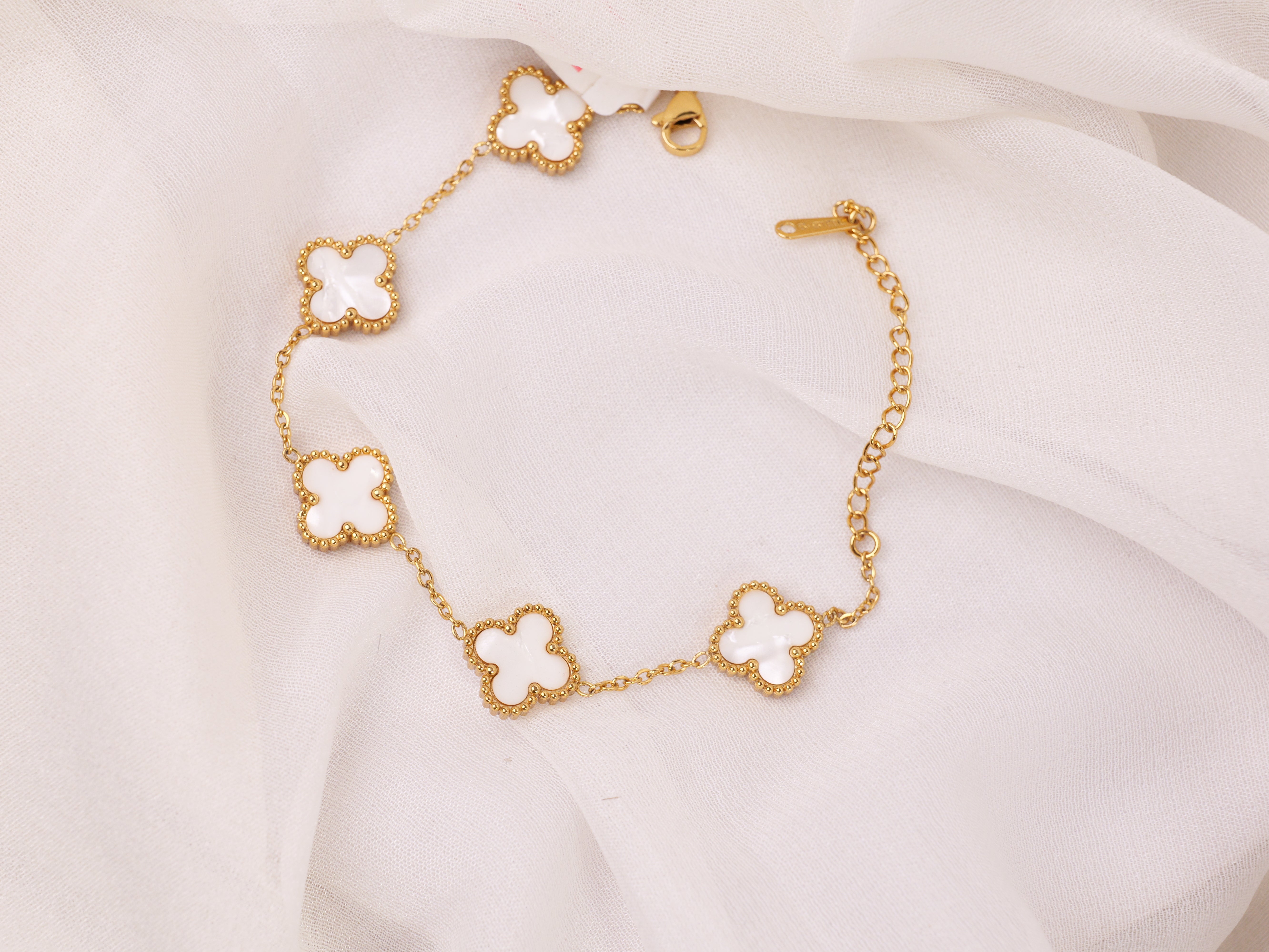Ivory Clover Charm Bracelet | Elegant Gold-Plated Adjustable Bracelet for Women & Girls | Lucky Four-Leaf Clover Jewellery Gift