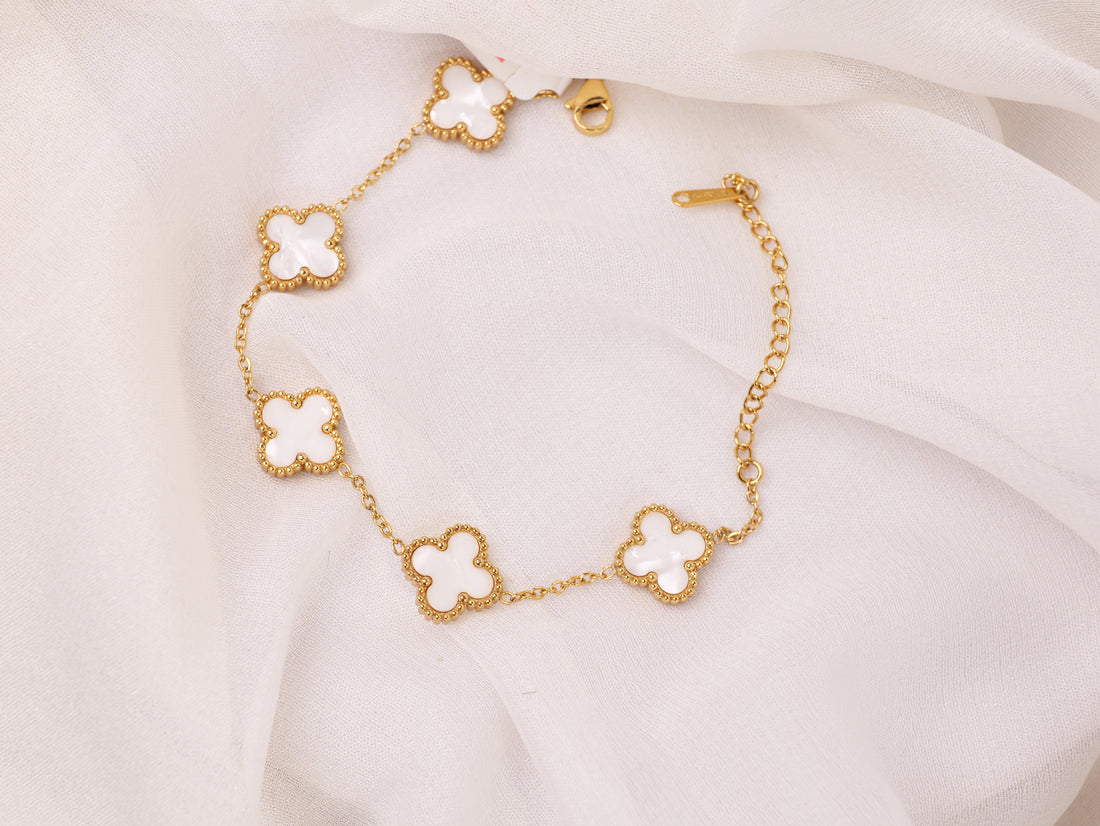 Ivory Clover Charm Bracelet | Elegant Gold-Plated Adjustable Bracelet for Women & Girls | Lucky Four-Leaf Clover Jewellery Gift