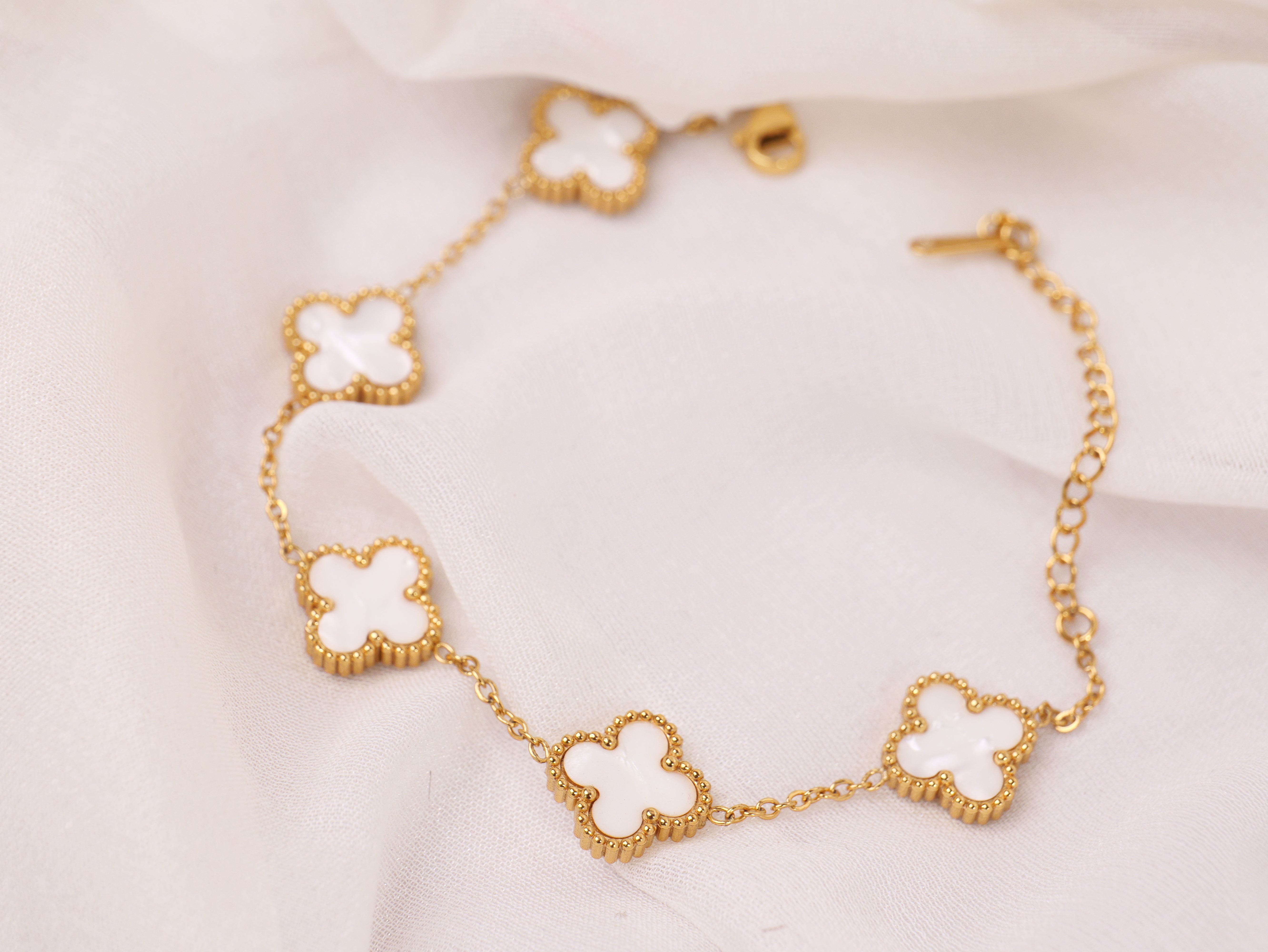 Ivory Clover Charm Bracelet | Elegant Gold-Plated Adjustable Bracelet for Women & Girls | Lucky Four-Leaf Clover Jewellery Gift