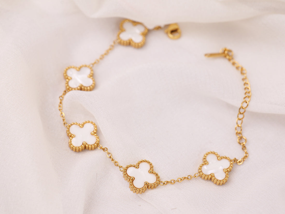 Ivory Clover Charm Bracelet | Elegant Gold-Plated Adjustable Bracelet for Women & Girls | Lucky Four-Leaf Clover Jewellery Gift