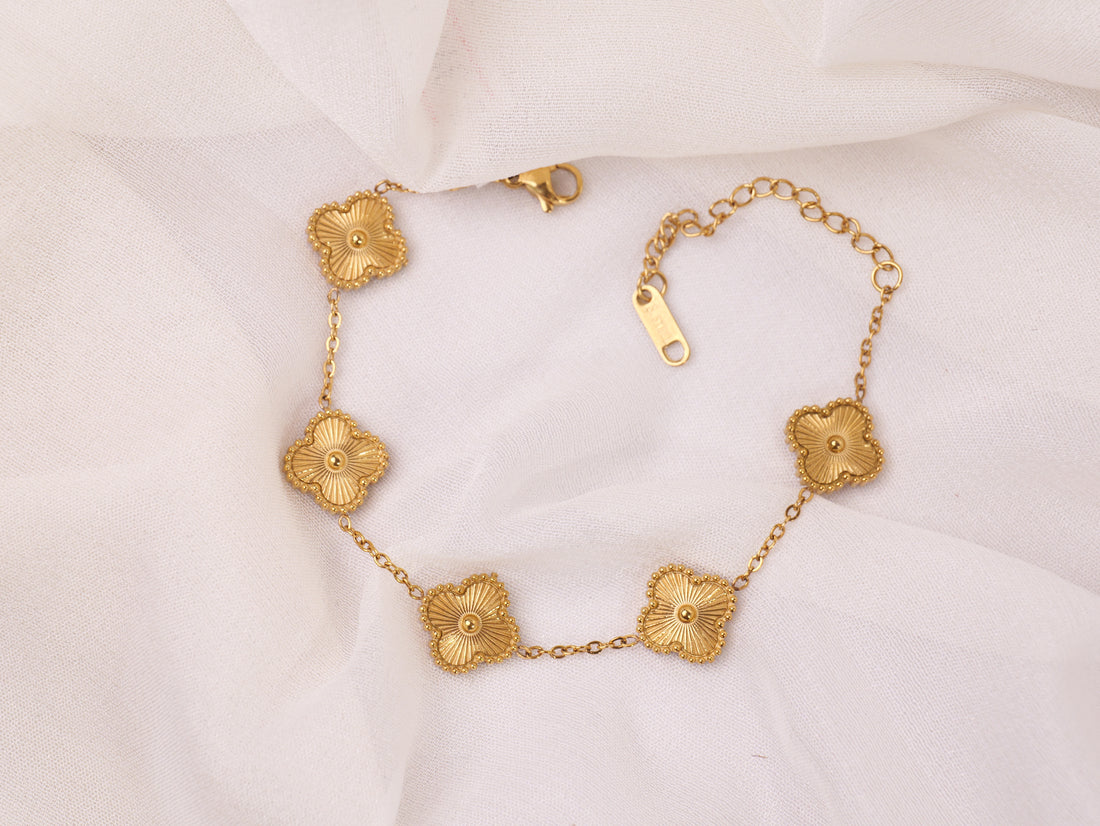 Golden Blossom Clover Charm Bracelet | Gold-Plated Adjustable Bracelet for Women & Girls | Delicate Four-Leaf Clover Jewellery Gift