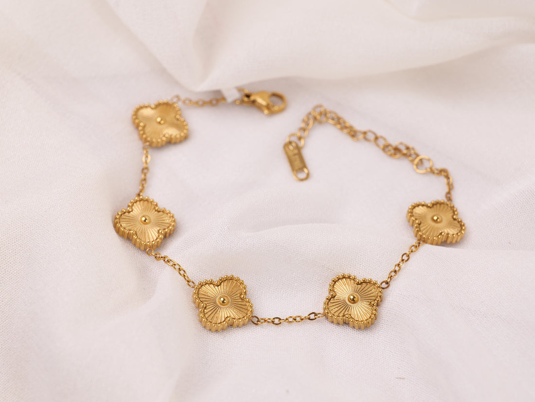 Golden Blossom Clover Charm Bracelet | Gold-Plated Adjustable Bracelet for Women & Girls | Delicate Four-Leaf Clover Jewellery Gift