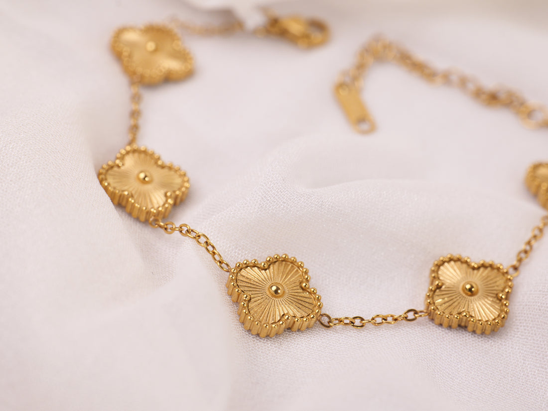 Golden Blossom Clover Charm Bracelet | Gold-Plated Adjustable Bracelet for Women & Girls | Delicate Four-Leaf Clover Jewellery Gift