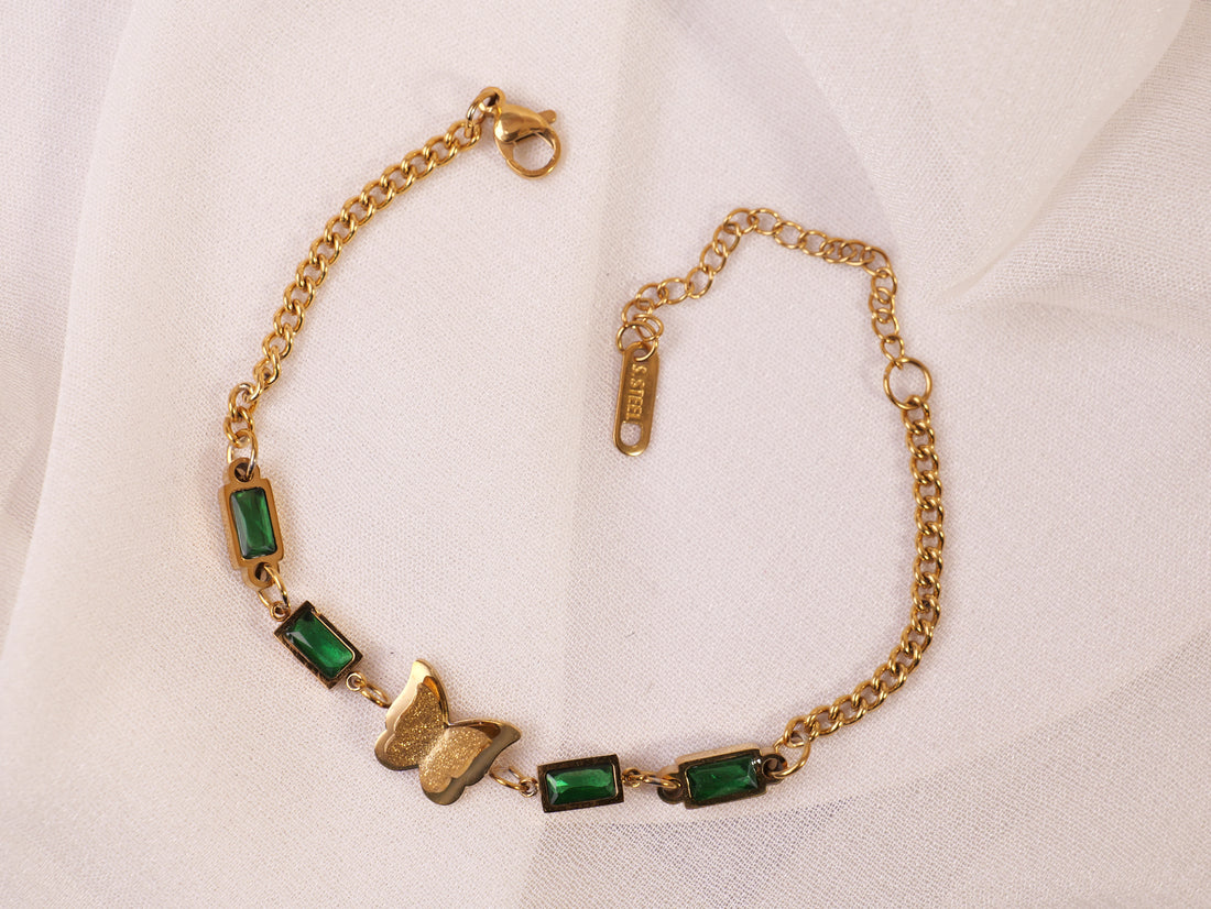 Green Gemstone Butterfly Bracelet | Gold Plated Dainty Chain Bracelet for Girls & Women | Trendy Korean-Inspired Jewelry