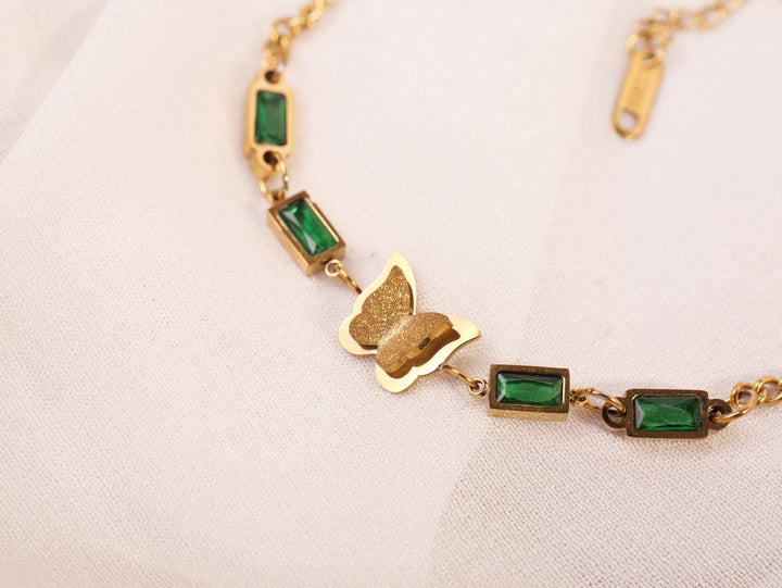 Green Gemstone Butterfly Bracelet | Gold Plated Dainty Chain Bracelet for Girls & Women | Trendy Korean-Inspired Jewelry