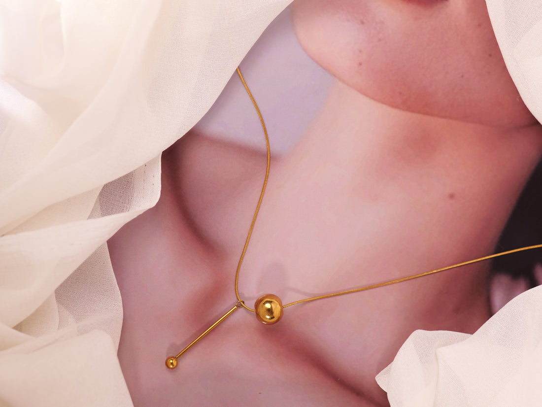 Golden Minimalist Bar & Bead Pendant Necklace