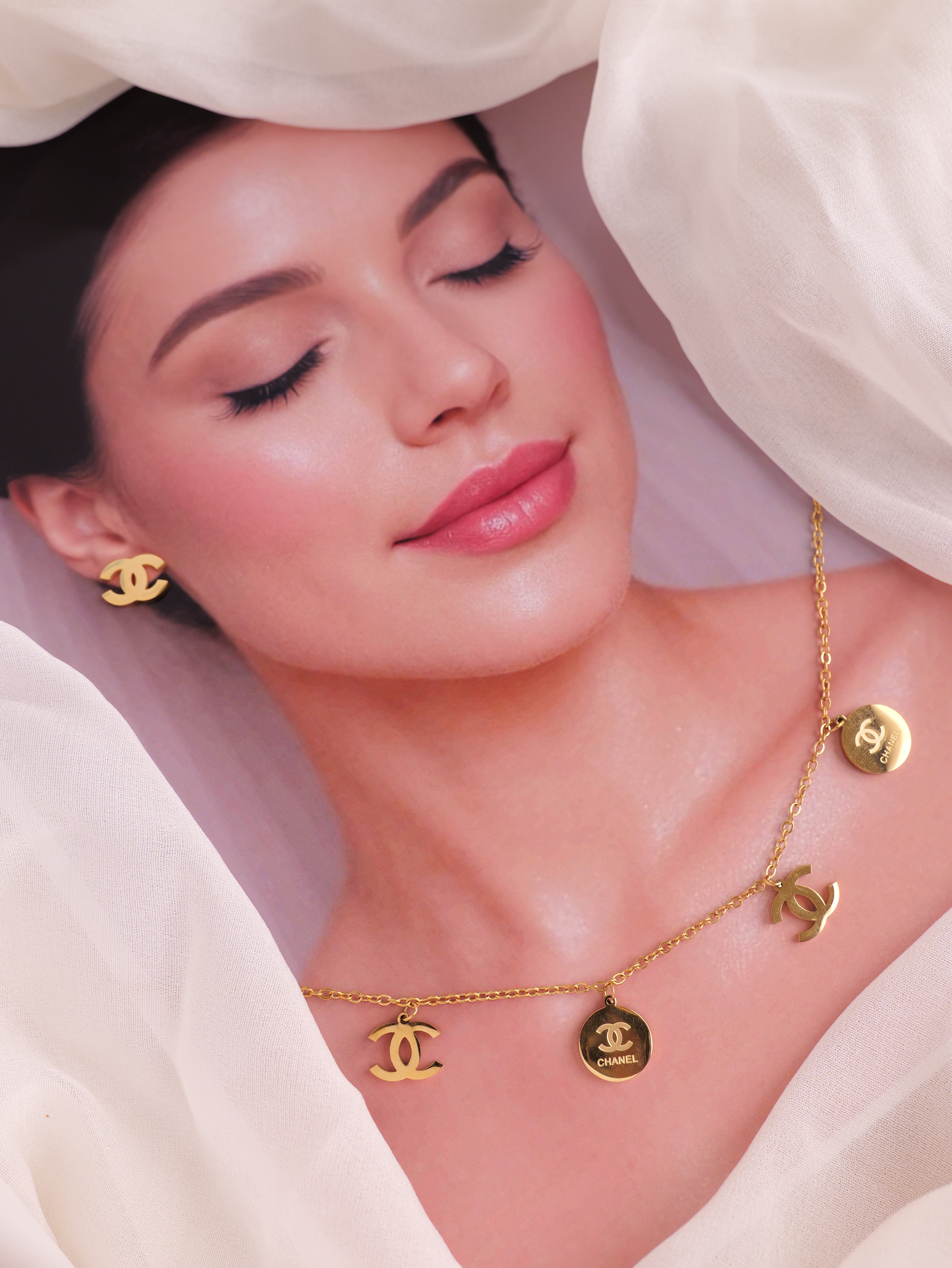 Elegant Chanel-Inspired Gold Necklace & Earring Set