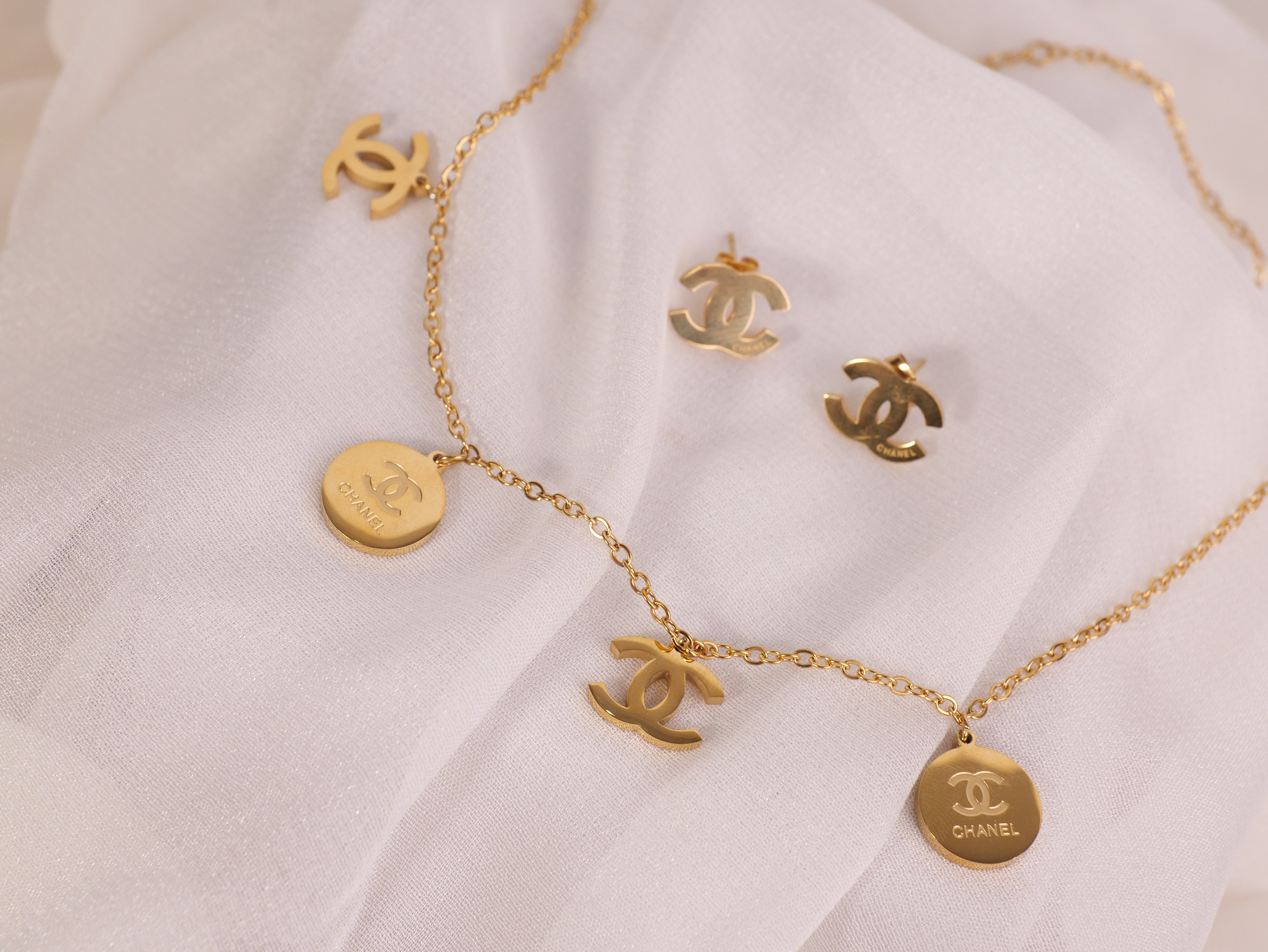 Elegant Chanel-Inspired Gold Necklace & Earring Set