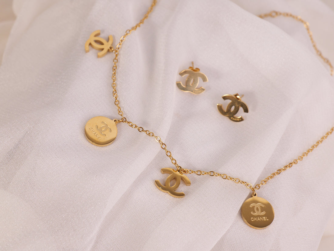 Elegant Chanel-Inspired Gold Necklace & Earring Set