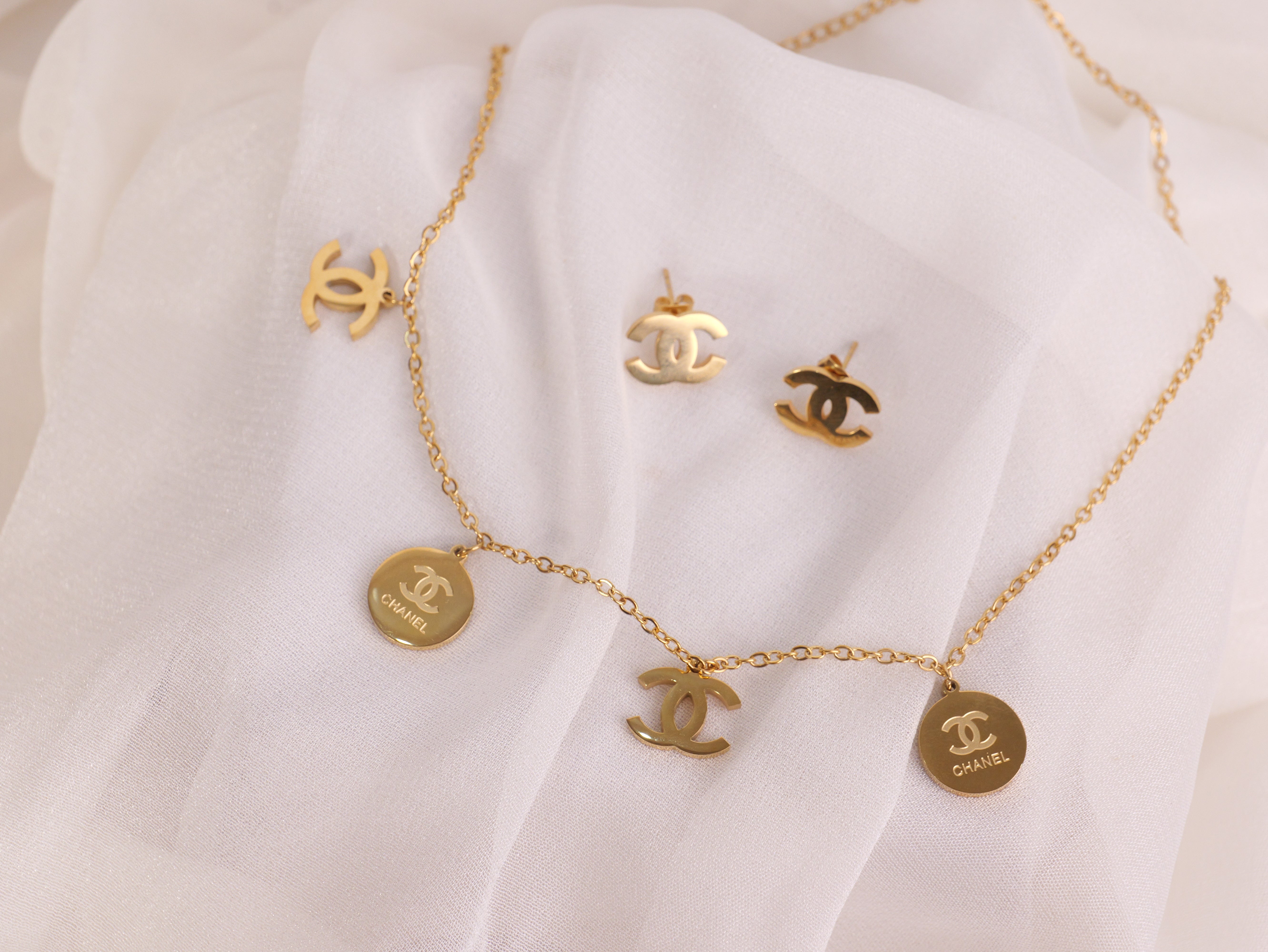 Elegant Chanel-Inspired Gold Necklace & Earring Set