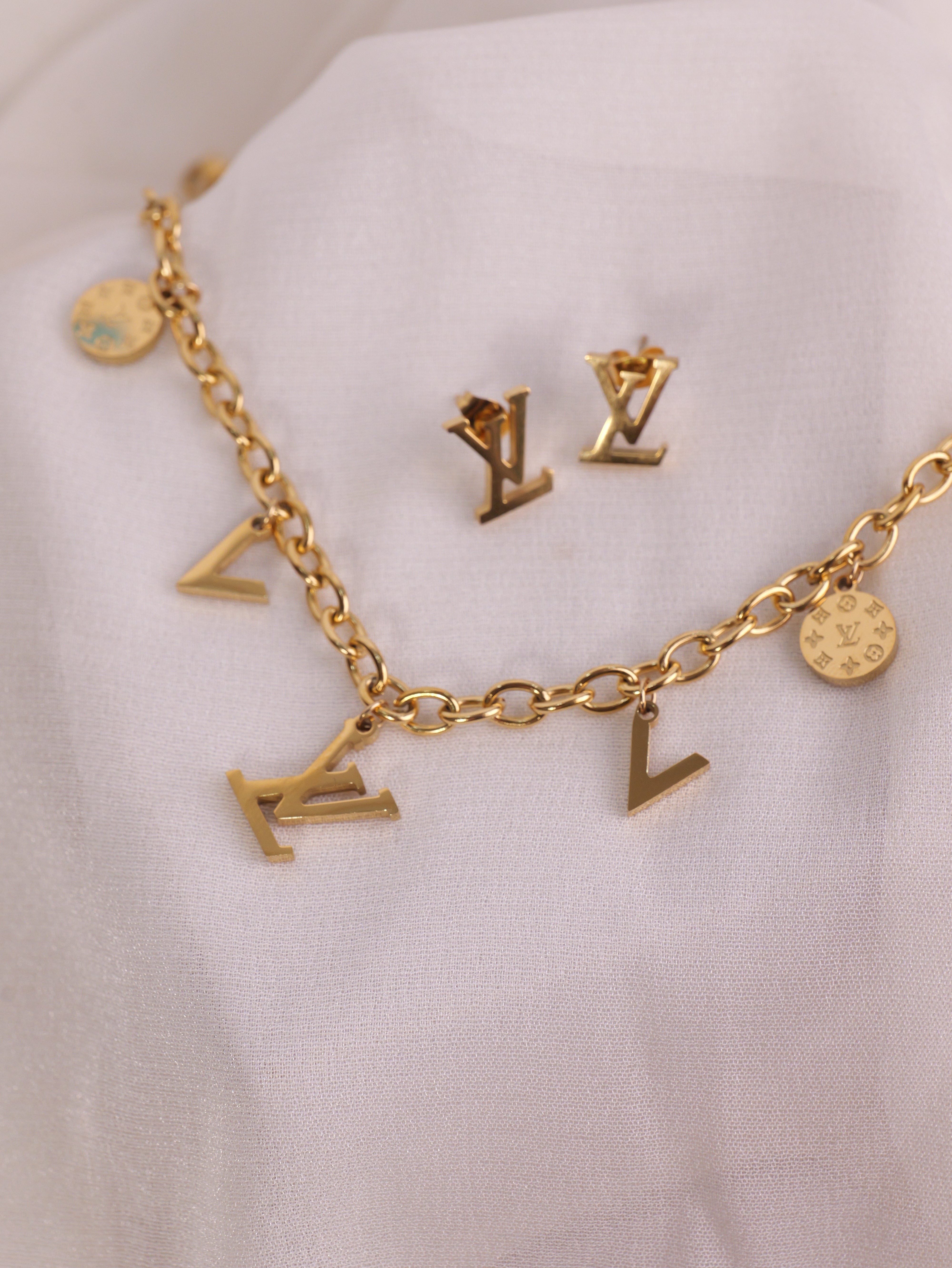 Luxury LV-Inspired Gold Bracelet & Earring Set