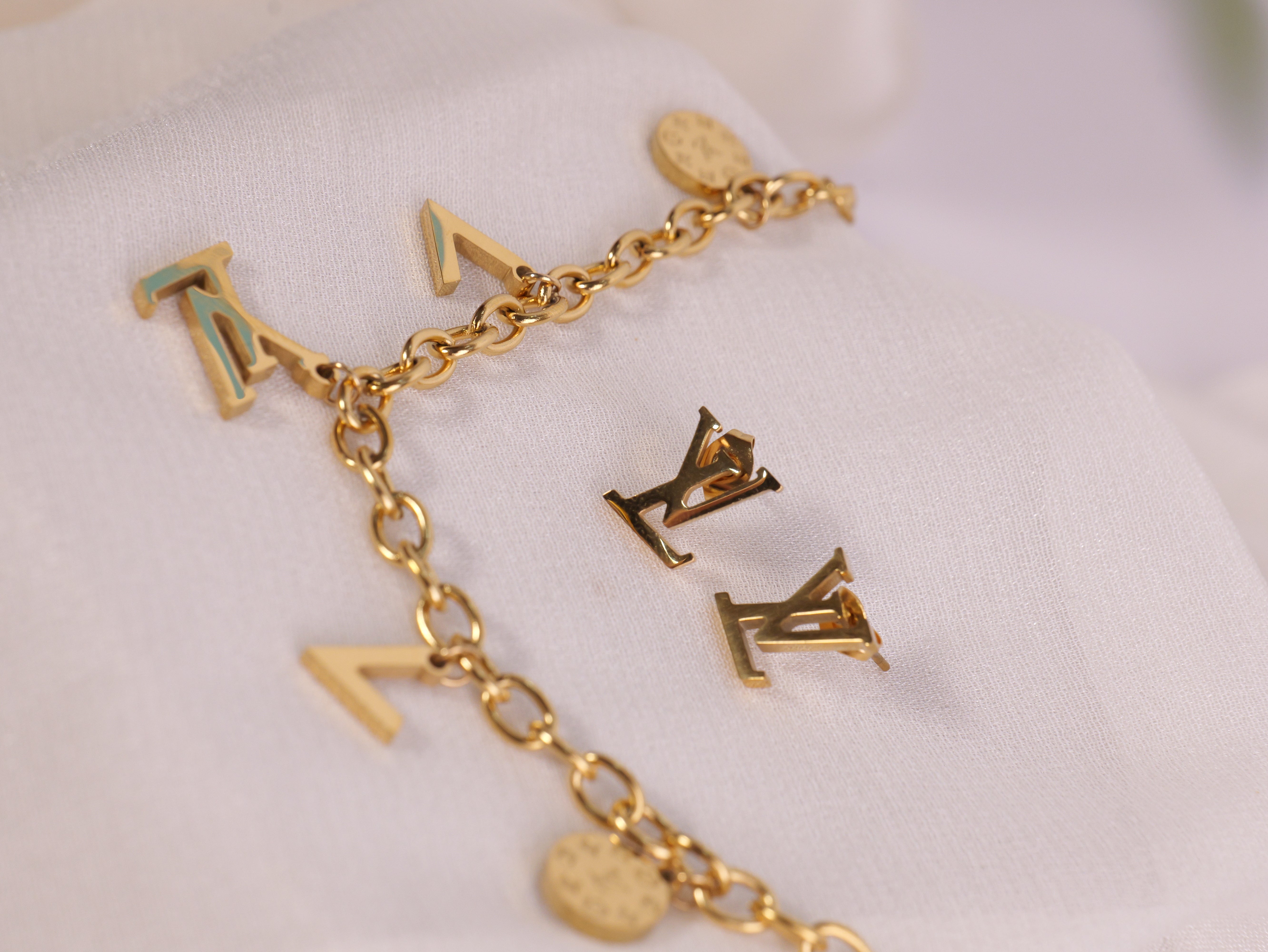 Luxury LV-Inspired Gold Bracelet & Earring Set