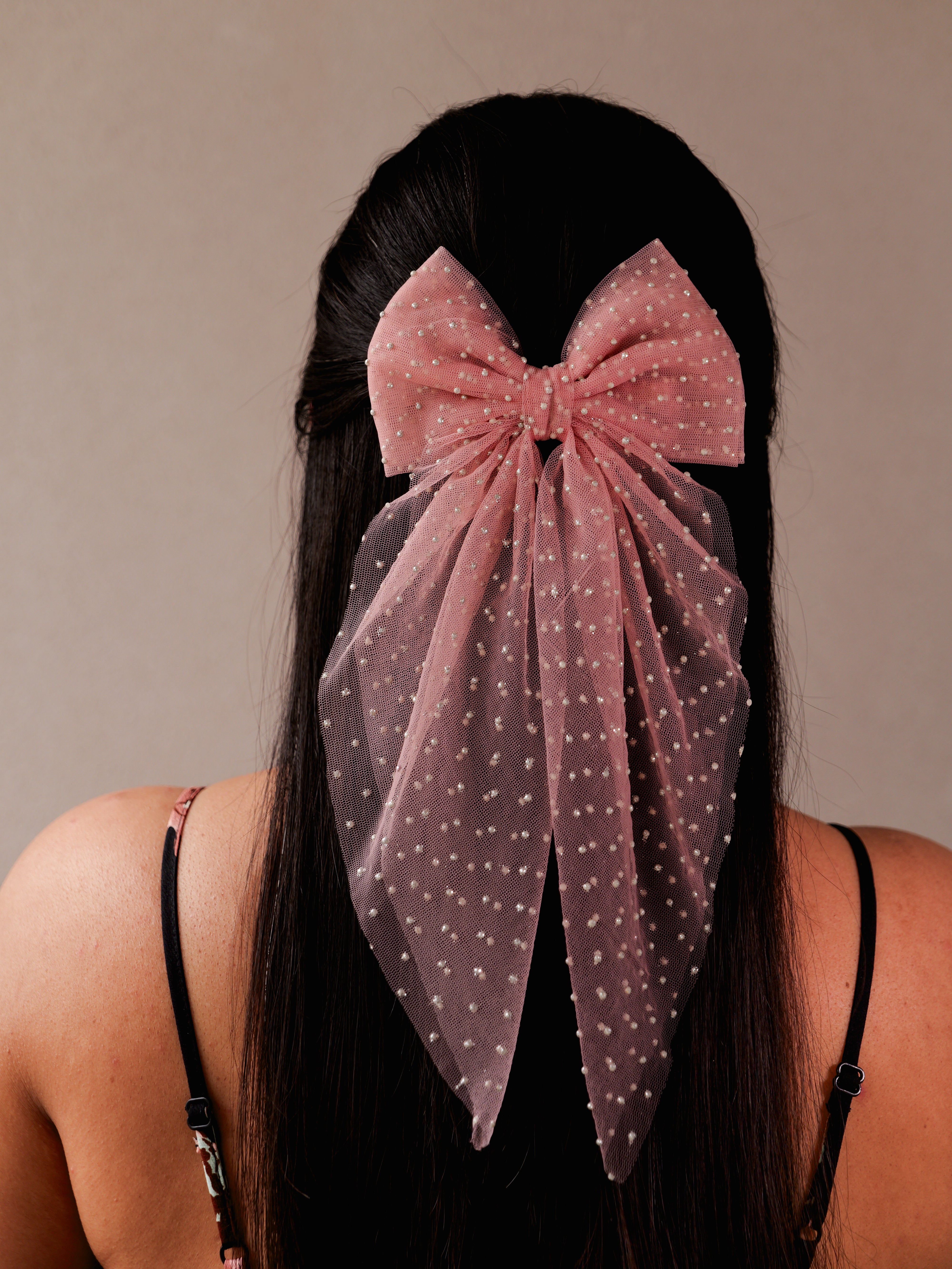 Blush Polka Net Hair Bow | Sheer Mesh Bow Clip with Dotted Detail | Stylish Hair Accessory for Girls & Women